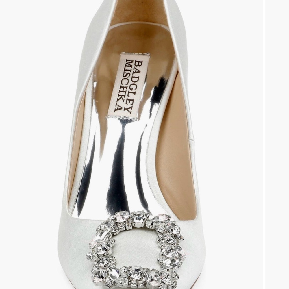 Badgley Mischka White Satin Pointed Crystal Buckle Stiletto Pump - Picture 4 of 6